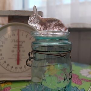 Moser stamped pressed glass art pale pink bunny paperweight